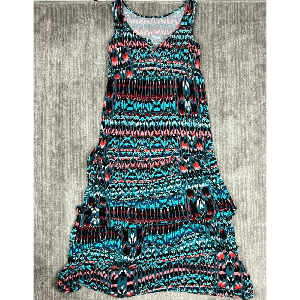 St. Johns Bay Maxi Dress Womens M Teal Red Geometric Ikat Tiered Sleeveless Boho